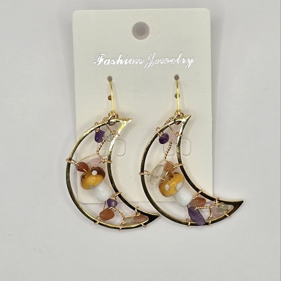 Gold and Multicolor Crescent Earrings - Picture 1 of 4
